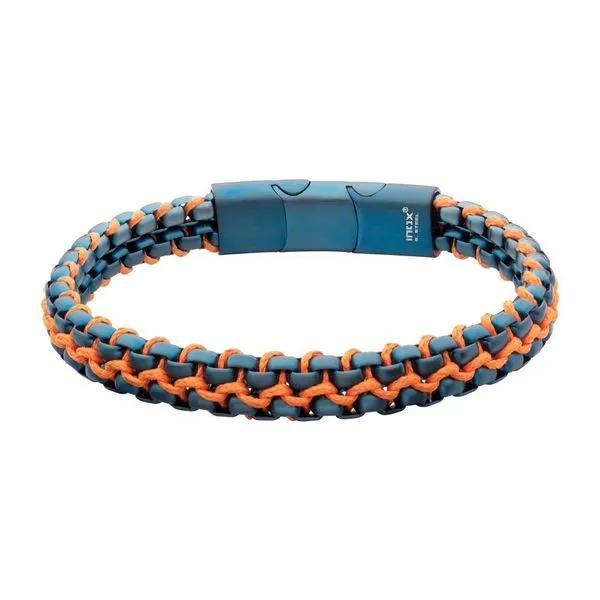 Matte Finish Blue IP Stainless Steel Box Chain with Orange Wax Cord Bracelet - 7.75