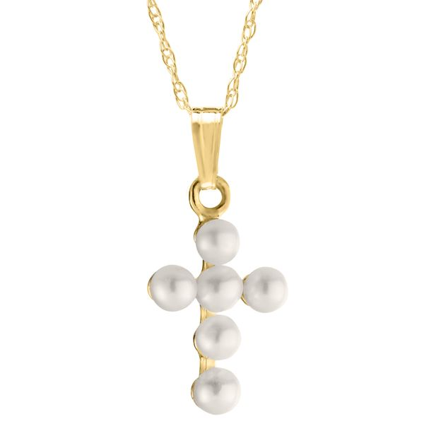 14KY Gold Pearl Cross Children's Necklace Image 2 Erica DelGardo Jewelry Designs Houston, TX