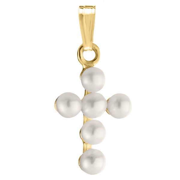14K Yellow Gold Gold Pearl Cross Children's Necklace Erica DelGardo Jewelry Designs Houston, TX