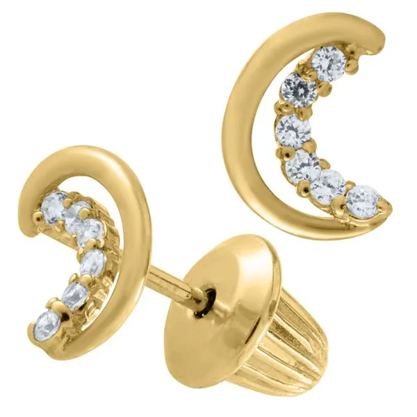 14KY CZ Moon Children's Earrings Image 2 Erica DelGardo Jewelry Designs Houston, TX