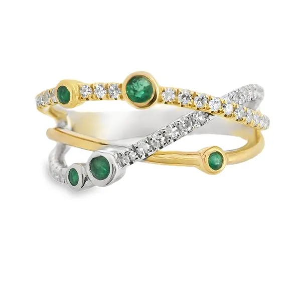 14Kt White and Yellow Gold Emerald and Diamond Criss Cross Ring Erickson Jewelers Iron Mountain, MI