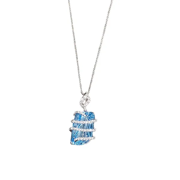 One of a Kind Custom Design Fancy Cut Blue Topaz Center and Diamond Pendant with Chain Erickson Jewelers Iron Mountain, MI