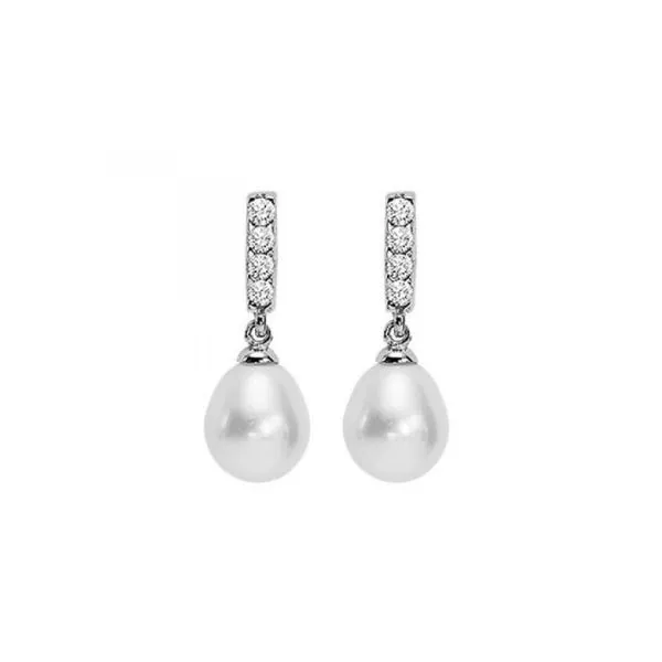 Sterling Silver Pearl and Cubic Zirconia Drop Earrings Erickson Jewelers Iron Mountain, MI