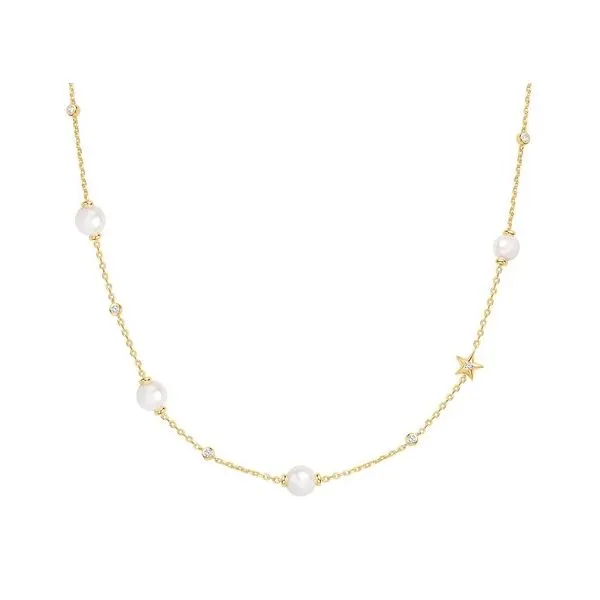 Sterling Silver and Yellow Gold Plated Pearl and Cubic Zirconia Station Necklace Erickson Jewelers Iron Mountain, MI