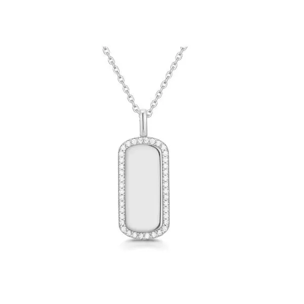 Platinum Cubic Zirconia Sparkling Tag Pendant Necklace Erickson Jewelers Iron Mountain, MI