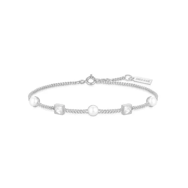 Sterling Silver Cubic Zirconia and Pearl Station Bracelet Erickson Jewelers Iron Mountain, MI