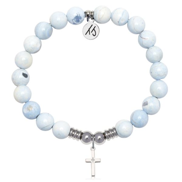 Stainless Steel T. Jazelle Blue and White Agate Cross Bracelet Erickson Jewelers Iron Mountain, MI