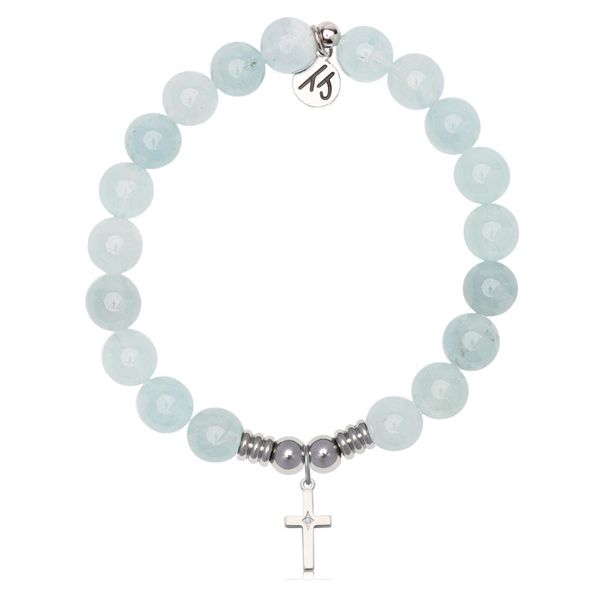 Stainless Steel T. Jazelle Aquamarine Jade Cross Bracelet Erickson Jewelers Iron Mountain, MI