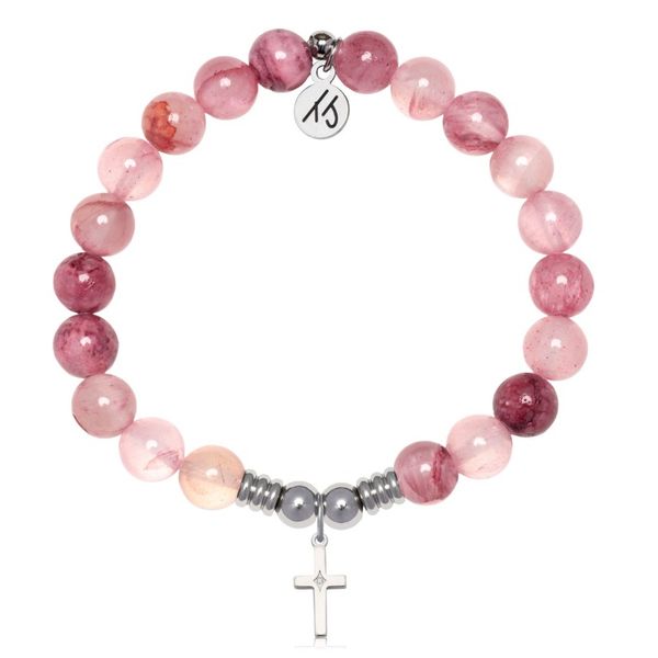 Stainless Steel T. Jazelle Pink Chalcedony Cross Bracelet Erickson Jewelers Iron Mountain, MI