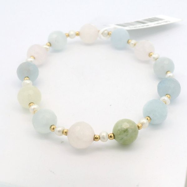 8MM FACETED MORGANITE WITH 4MM PEARL &2MM GOLD FILLED BEAD BRACELET Erickson Jewelers Iron Mountain, MI