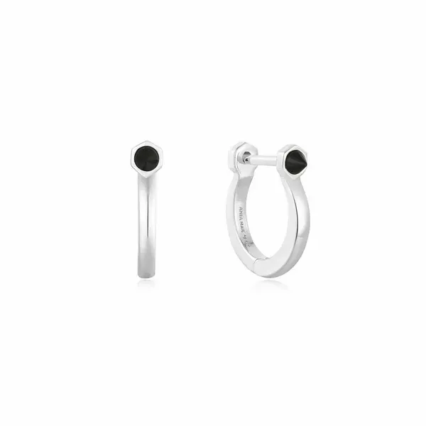 Sterling Silver Huggie Hoop Earrings with Black Agate Erickson Jewelers Iron Mountain, MI