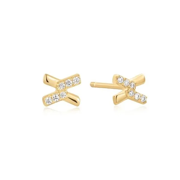 Sterling Silver with Yellow Gold Plating Criss Cross Cubic Zirconia Stud Earrings Erickson Jewelers Iron Mountain, MI