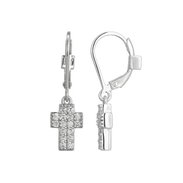 Sterling Silver Double Cubic Zirconia Row Cross Dangle Earrings Erickson Jewelers Iron Mountain, MI