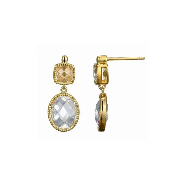 Sterling Silver Yellow Gold Bezel Set Cushion and Oval Cubic Zirconia Drop Earrings Erickson Jewelers Iron Mountain, MI