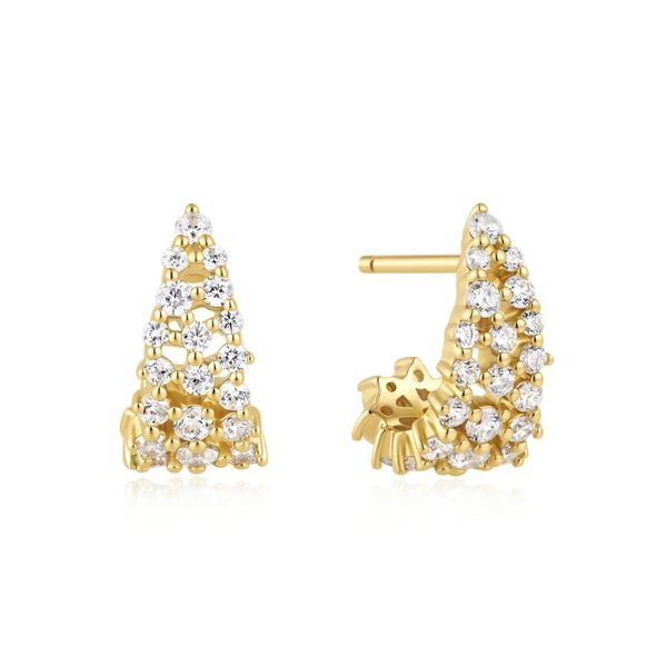 Sterling Silver Yellow Gold Plated Cubic Zirconia Pave Openwork Curved Stud Earrings Erickson Jewelers Iron Mountain, MI