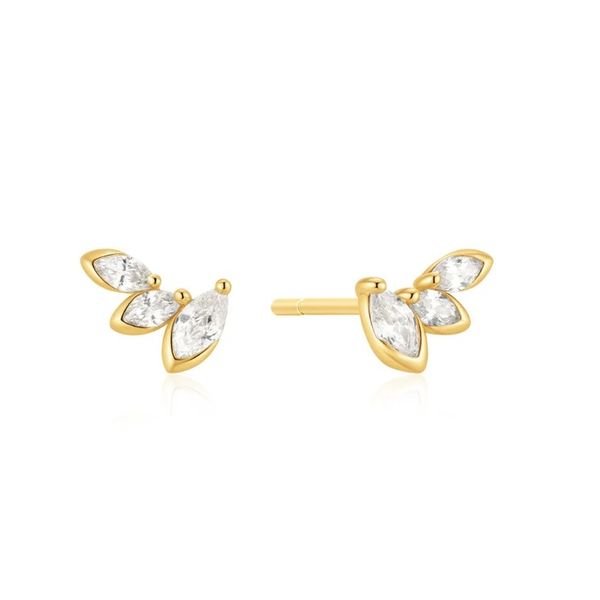 Sterling Silver with Yellow Gold Plating Half Bezel Triple CZ MQ Stud Earrings Erickson Jewelers Iron Mountain, MI