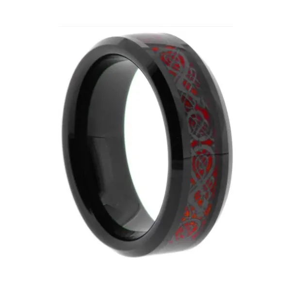 Tungsten 8mm Finger Red Carbon Fiber Inlay & Dragon Design Ring Erickson Jewelers Iron Mountain, MI