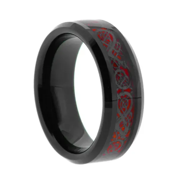 Tungsten 8mm Finger Red Carbon Fiber Inlay & Dragon Design Ring Erickson Jewelers Iron Mountain, MI