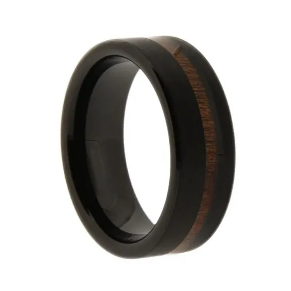 Tungsten Wood Inlay Off Center 8mm Ring Erickson Jewelers Iron Mountain, MI
