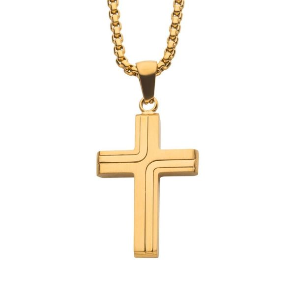 Men's Steel Gold Plated Cross Pendant with Chain Erickson Jewelers Iron Mountain, MI