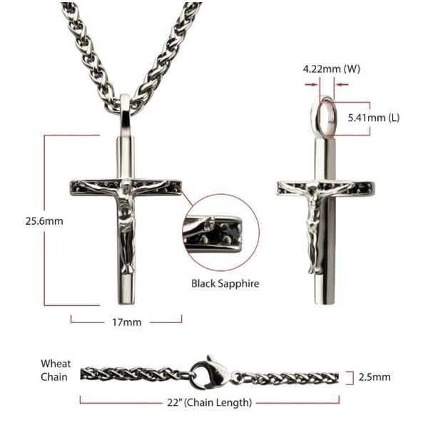 STAINLESS CRUCIFIX WITH BLACK SAPPHIRES ON 22