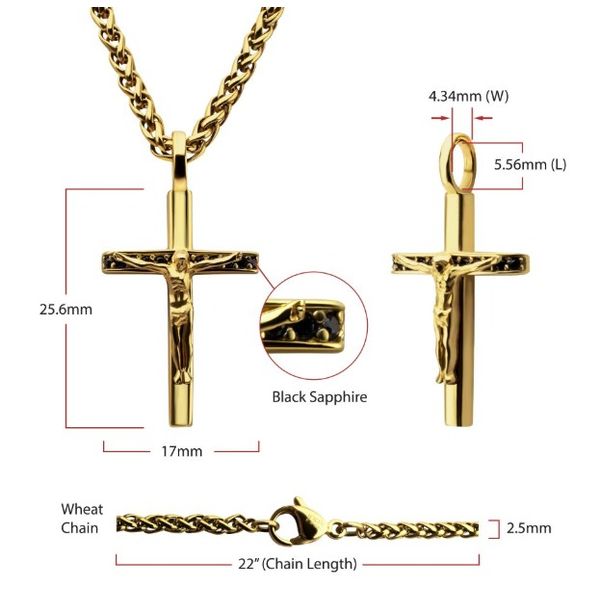 STAINLESS CRUCIFIX WITH BLACK SAPPHIRES ON 22