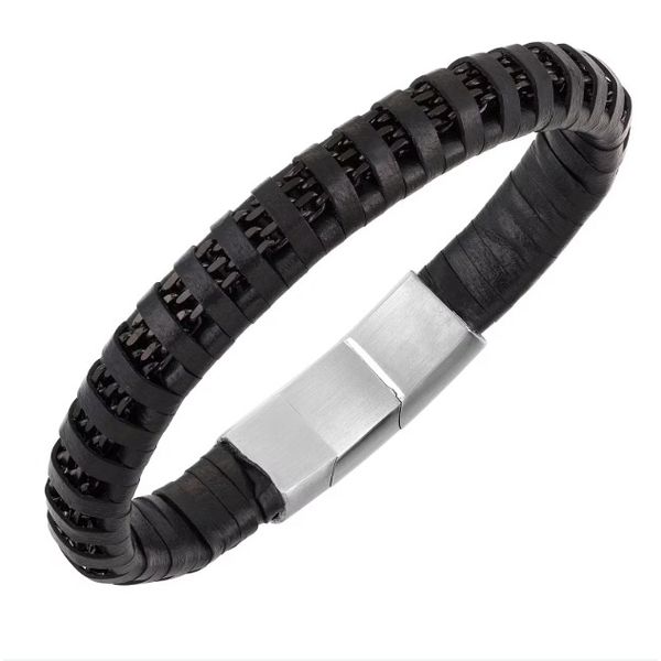 Stainless Steel and Black Leather Bracelet Erickson Jewelers Iron Mountain, MI