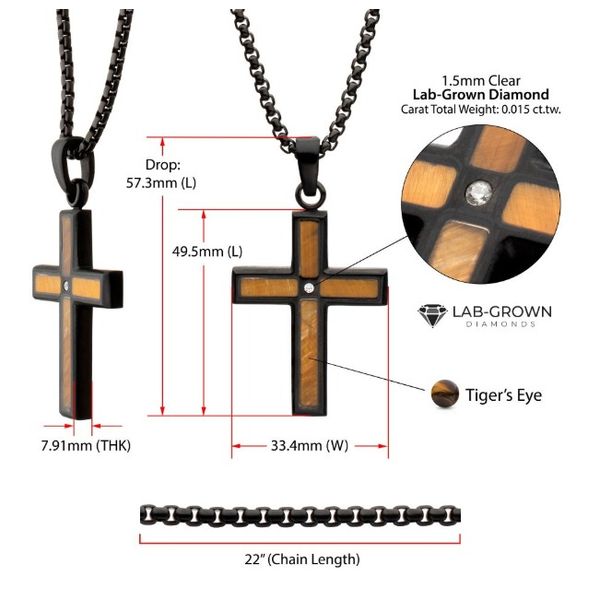 Matte Black IP Steel Tiger Eye Stone Inlay Cross Necklace Erickson Jewelers Iron Mountain, MI