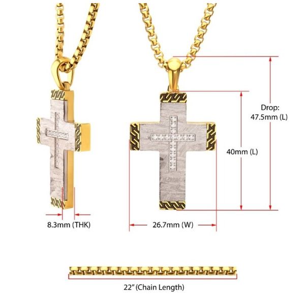 Stainless CZ Gold Black Edge Textured Cross Pendant Necklace Erickson Jewelers Iron Mountain, MI