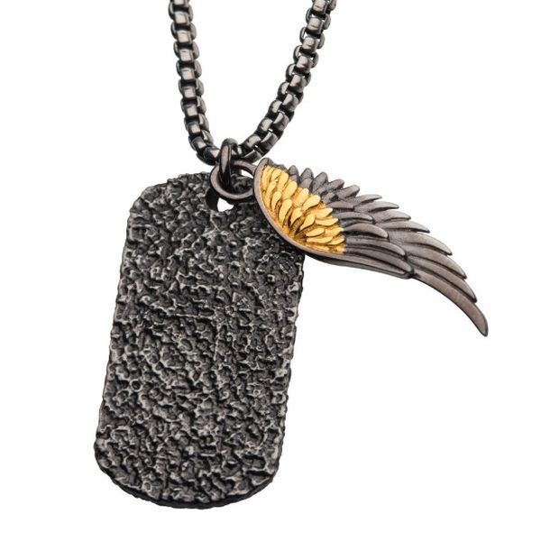 Layered Gold IP Wing & Gun Metal IP Dog Tag Pendant Necklace Erickson Jewelers Iron Mountain, MI