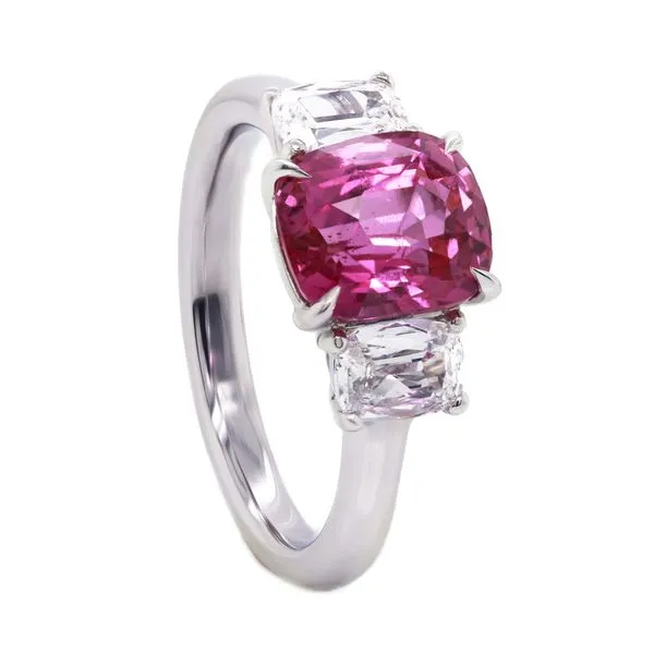 Cushion Cut Pink Sapphire Three Stone Ring Joe Escobar Diamonds Campbell, CA