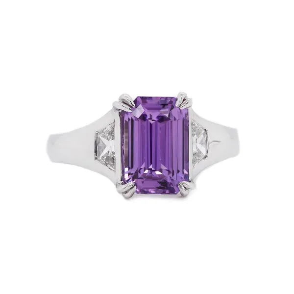 Unheated Purple Sapphire Three Stone Ring Joe Escobar Diamonds Campbell, CA