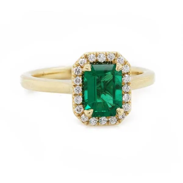 Emerald Halo Ring Yellow Gold Joe Escobar Diamonds Campbell, CA