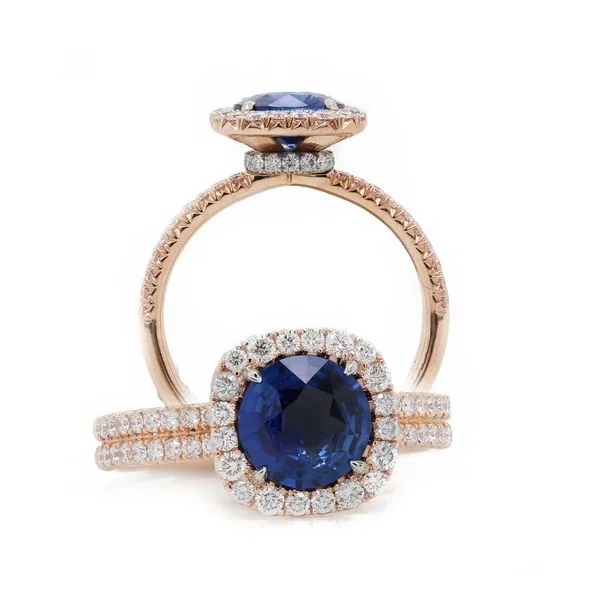 Blue Sapphire Halo Rose Gold Ring Joe Escobar Diamonds Campbell, CA