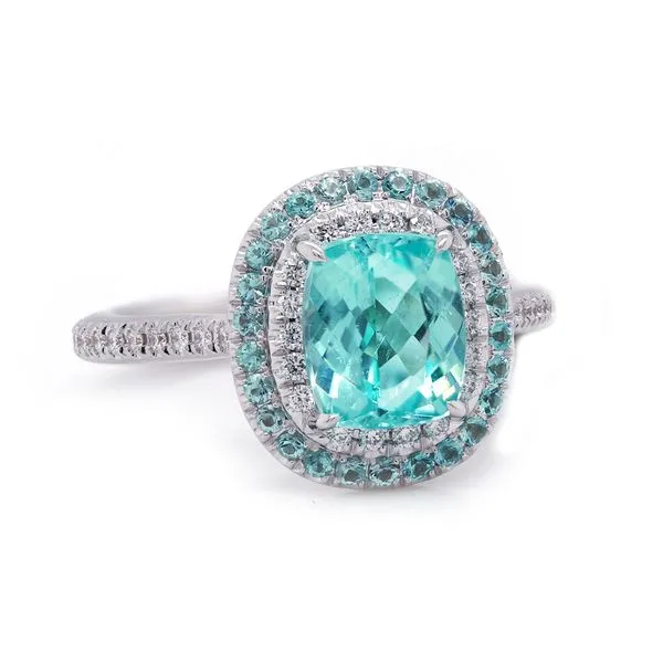 Paraiba Tourmaline Cushion Double Halo Ring Joe Escobar Diamonds Campbell, CA