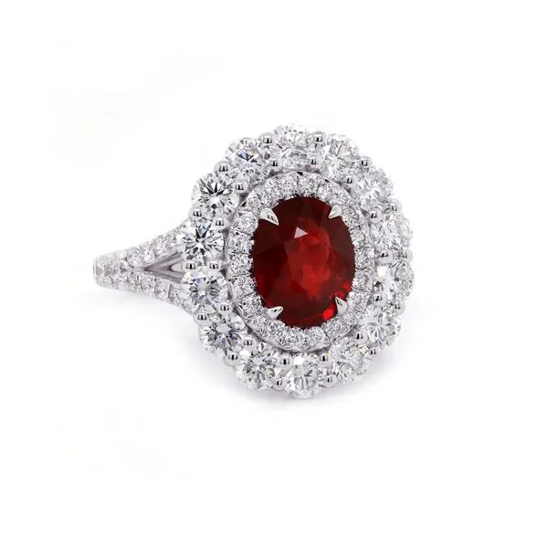 Ruby Double Halo Split Shank Ring Joe Escobar Diamonds Campbell, CA