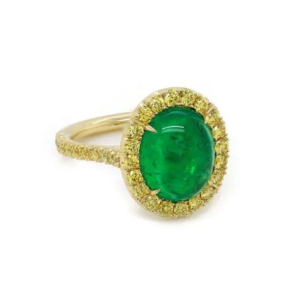 Cabochon Emerald Yellow Diamond Halo Ring Joe Escobar Diamonds Campbell, CA