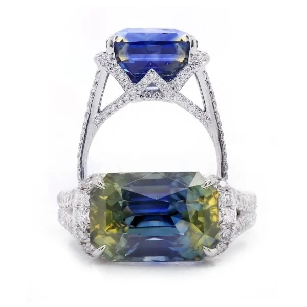 Bi-Color Radiant Cut Sapphire Split Shank Ring Joe Escobar Diamonds Campbell, CA
