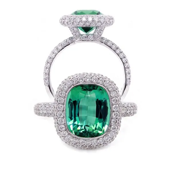 Cushion Cut Green Tourmaline Halo Ring Joe Escobar Diamonds Campbell, CA