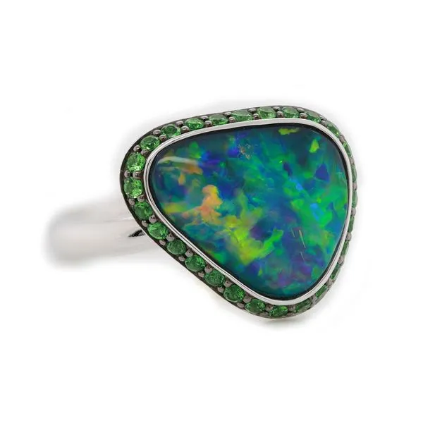 Black Fire Opal with Tsavorite Halo Ring Joe Escobar Diamonds Campbell, CA