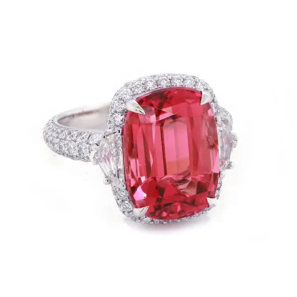 Rubellite Tourmaline Three Stone Halo Ring Joe Escobar Diamonds Campbell, CA
