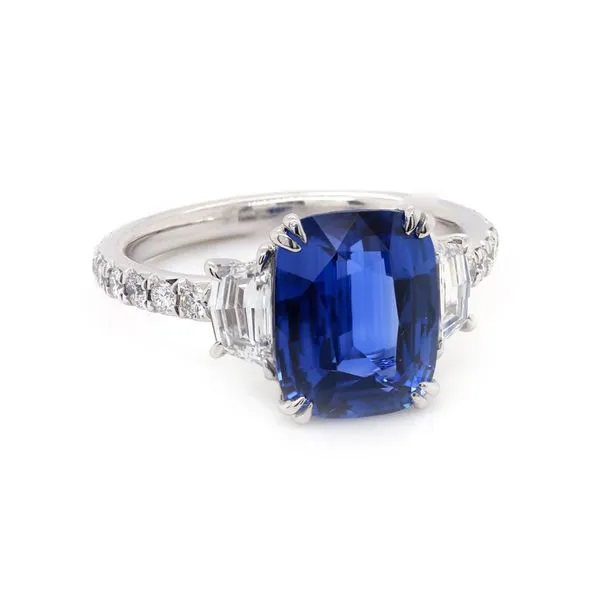 Cushion Blue Sapphire Three Stone Ring Joe Escobar Diamonds Campbell, CA