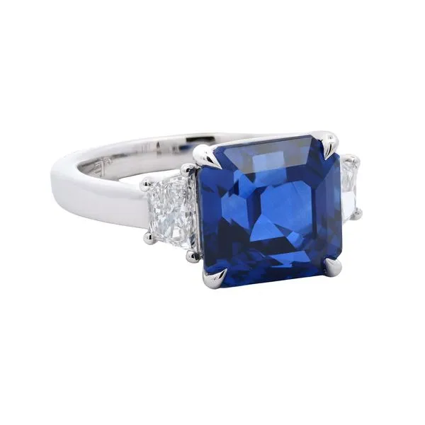 Asscher Cut Blue Sapphire Three Stone Ring Joe Escobar Diamonds Campbell, CA