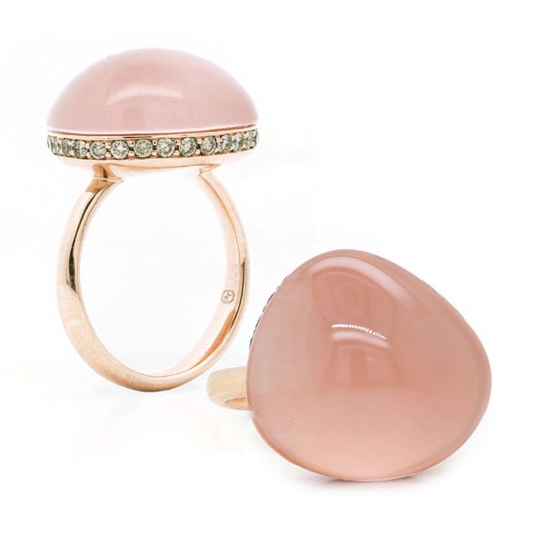 Rose Quartz Cabochon Champange Diamond Halo Ring Joe Escobar Diamonds Campbell, CA