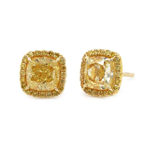 Fancy Yellow Cushion Diamond Stud Halo Earrings Joe Escobar Diamonds Campbell, CA