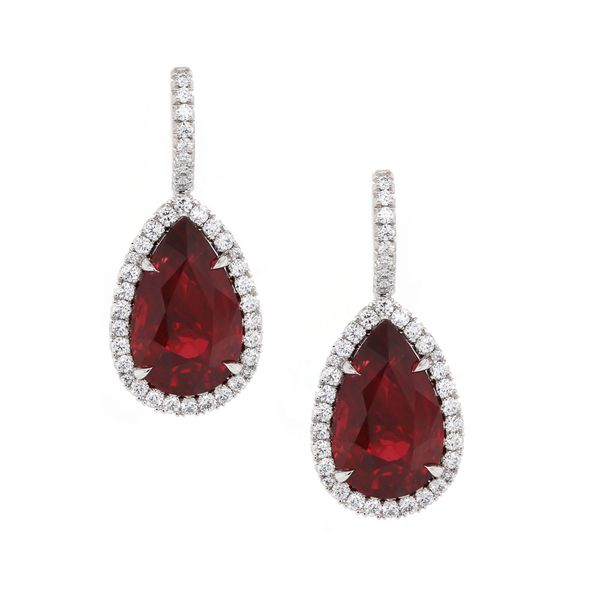 Pear Ruby Drop Halo Earrings Joe Escobar Diamonds Campbell, CA