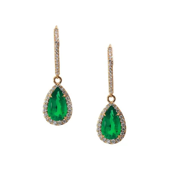 Pear Emerald Drop Halo Earrings Joe Escobar Diamonds Campbell, CA