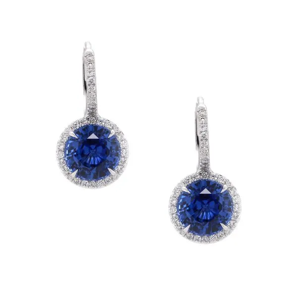 Round Sapphire Drop Halo Earrings Joe Escobar Diamonds Campbell, CA