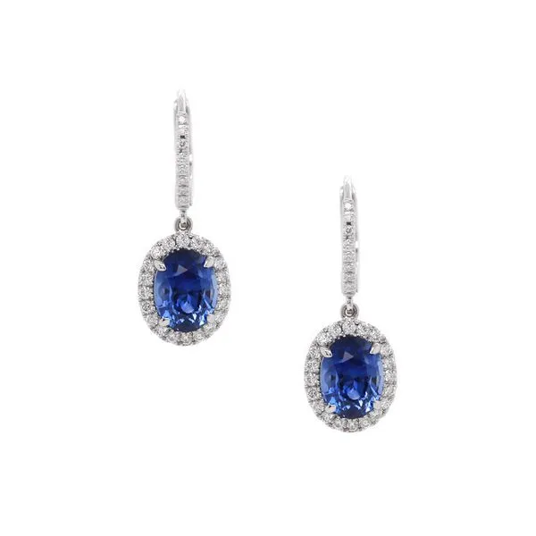 Blue Sapphire Drop Halo Earrings Joe Escobar Diamonds Campbell, CA