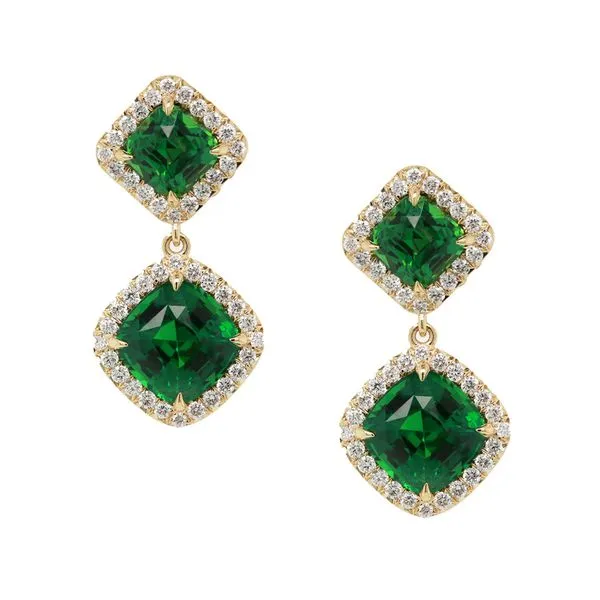 Cushion Tsavorite Halo Drop Earrings Joe Escobar Diamonds Campbell, CA